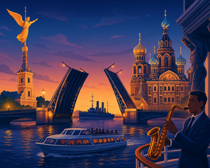 «Петербург - Музыкальный круиз с саксофонистом на белоснежном теплоходе - развод мостов»